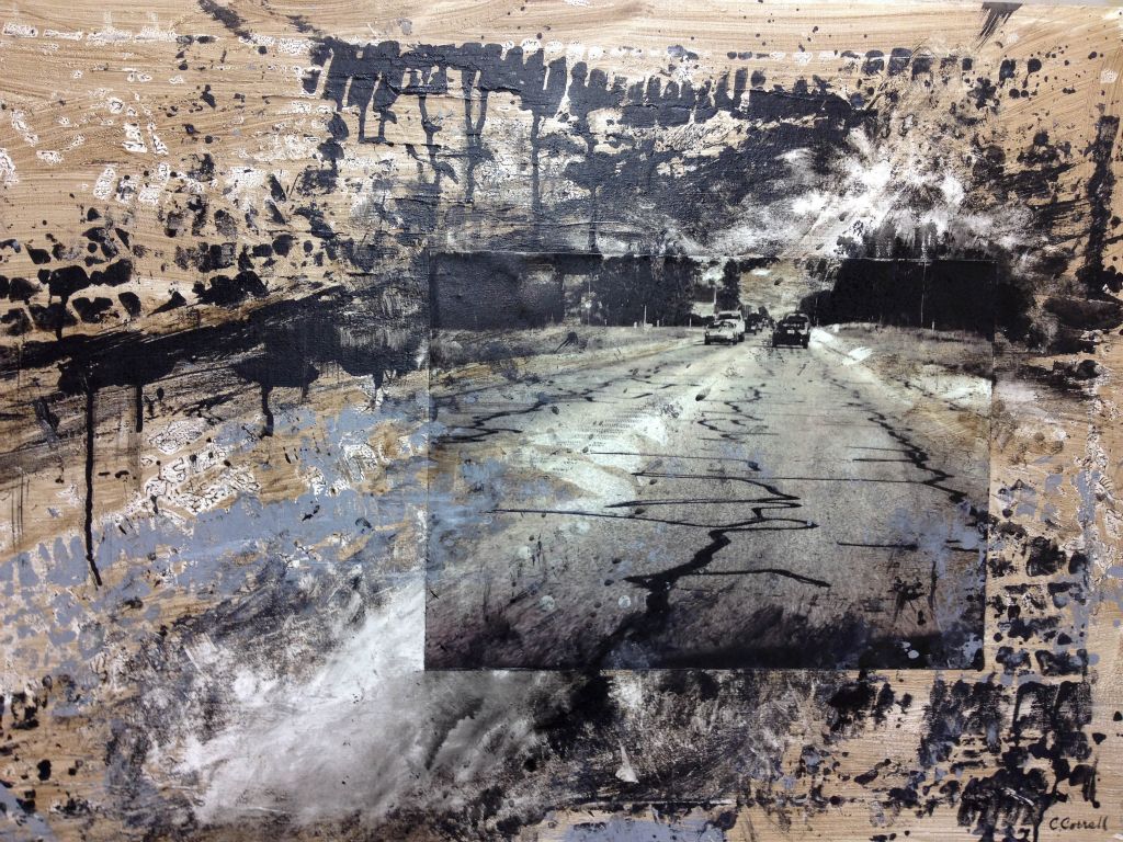 The Road to Recovery, mixed media on canvas, 24"H x 36"W